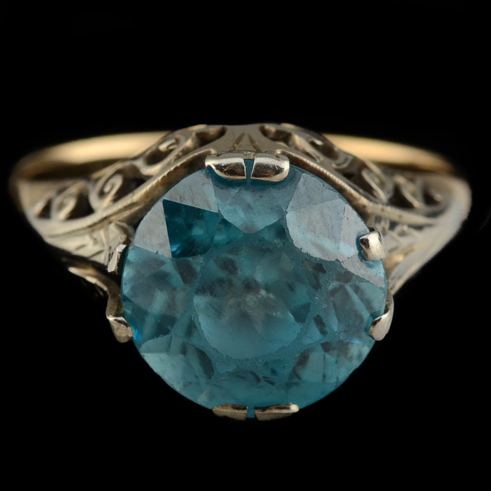 Victorian 14K White and Yellow Gold Two Tone Blue Zircon Ring