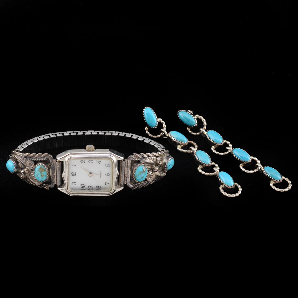Navajo Sterling Silver and Turquoise Watch and Pierced Earrings