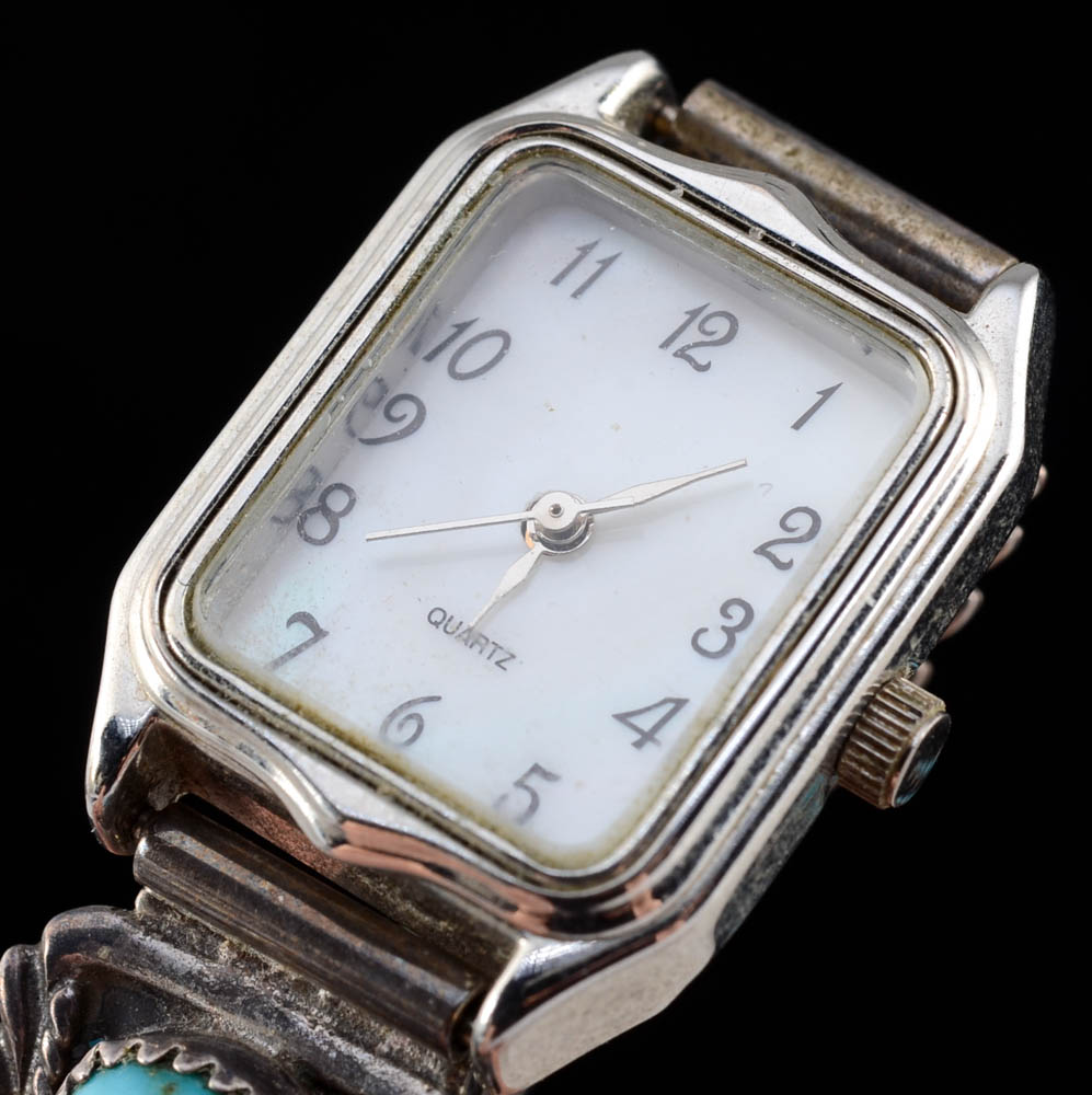 Navajo Sterling Silver and Turquoise Watch and Pierced Earrings