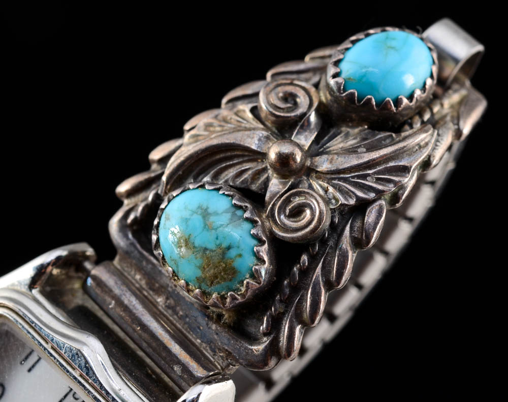 Navajo Sterling Silver and Turquoise Watch and Pierced Earrings