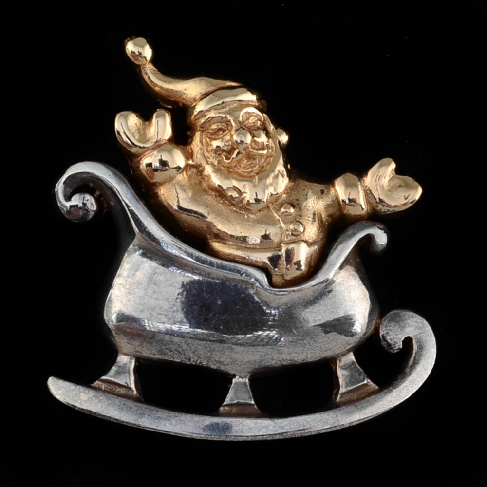 14K Yellow Gold and Sterling Silver Pendant with Santa Claus in Sleigh