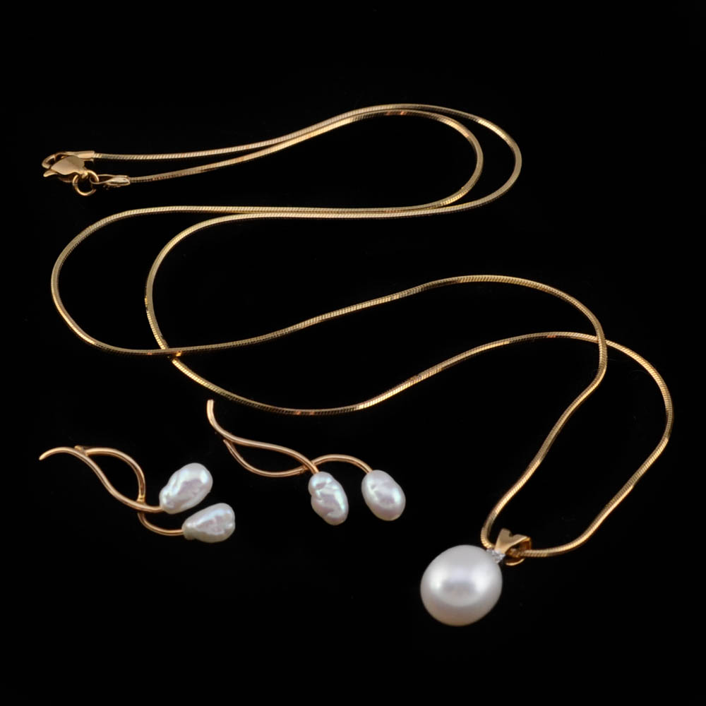 14K Yellow Gold Chain with Pearl and Diamond Pendant and 14K Pierced Earrings