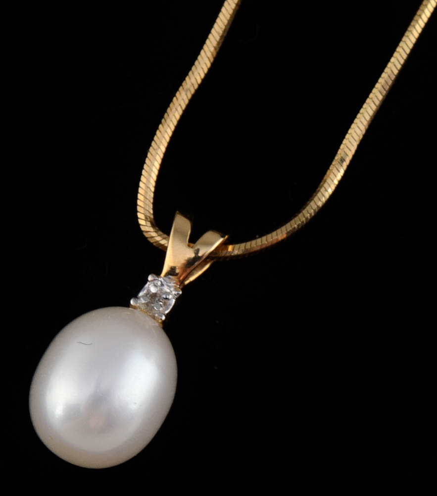14K Yellow Gold Chain with Pearl and Diamond Pendant and 14K Pierced Earrings