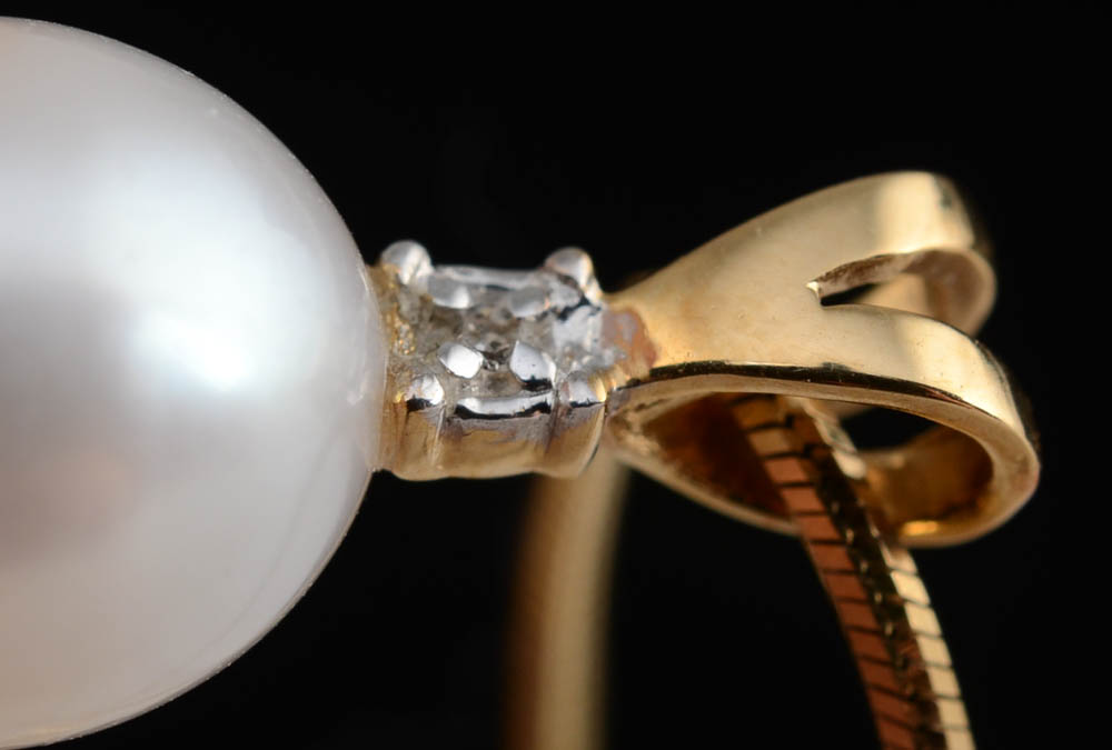 14K Yellow Gold Chain with Pearl and Diamond Pendant and 14K Pierced Earrings