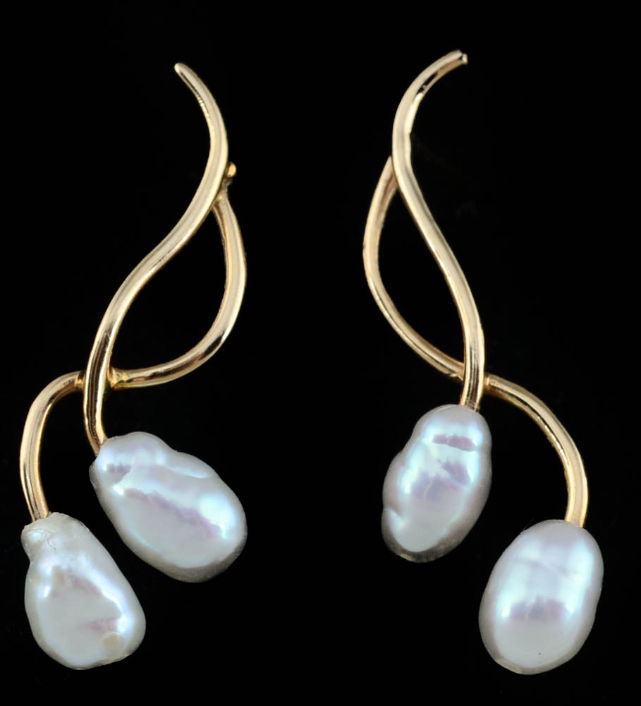 14K Yellow Gold Chain with Pearl and Diamond Pendant and 14K Pierced Earrings