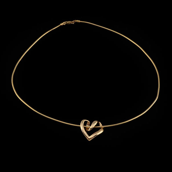 14K Yellow Gold Omega 16" Snake Chain with Floating Heart Shape Openwork Pendant