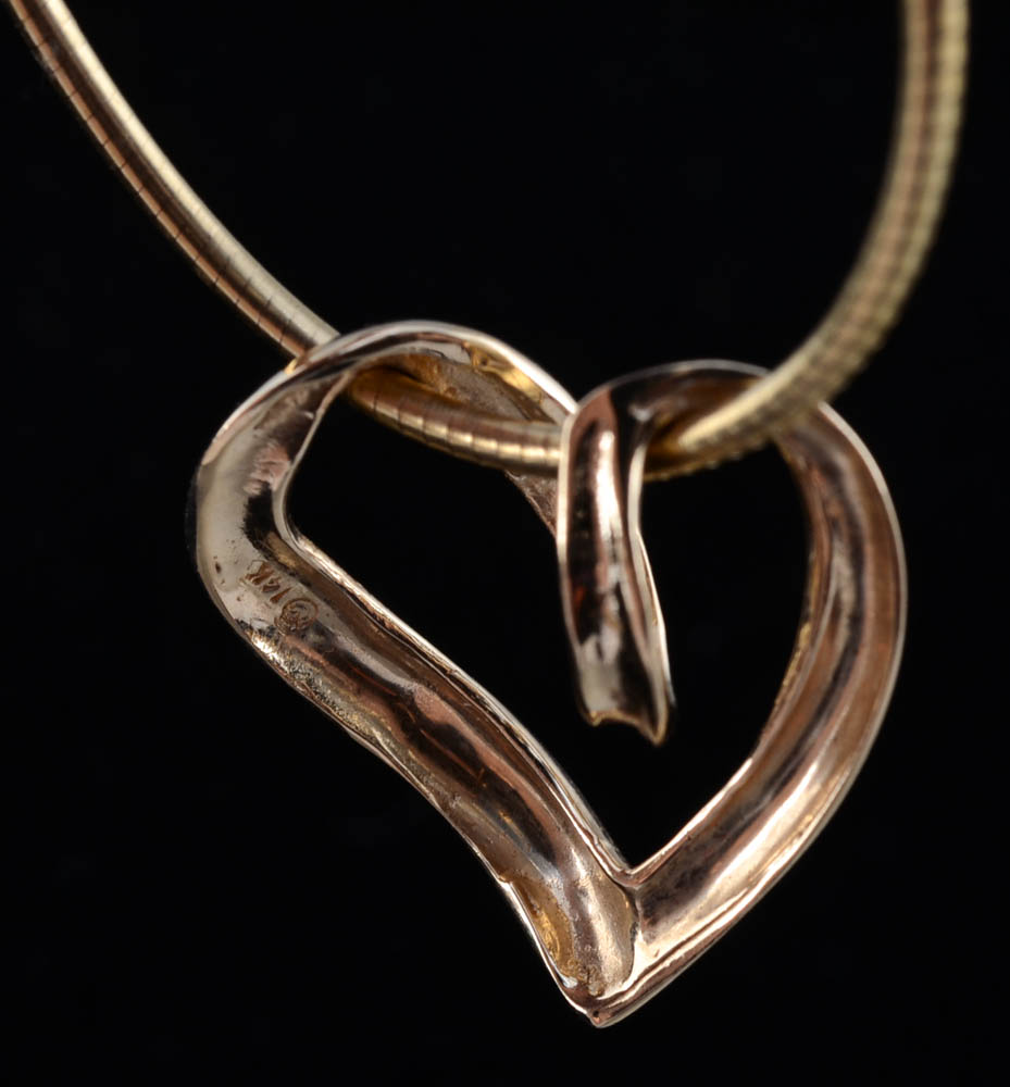 14K Yellow Gold Omega 16" Snake Chain with Floating Heart Shape Openwork Pendant