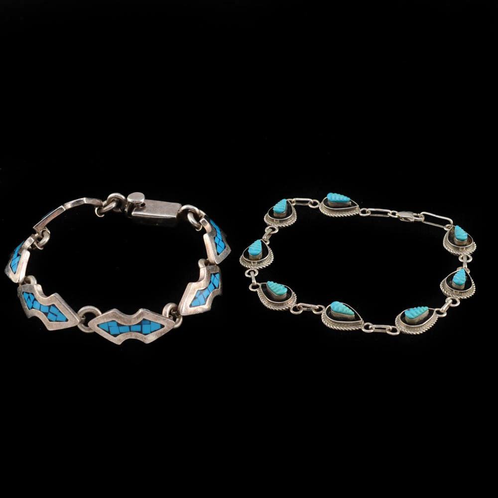 Zuni and Mexican Sterling Silver and Turquoise Bracelets