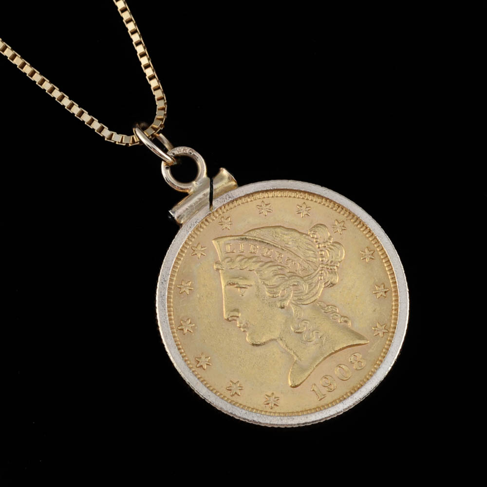 14K Yellow Gold 22" Box Chain with 1908 Liberty Five Dollar Gold Coin in 14K Bezel Frame