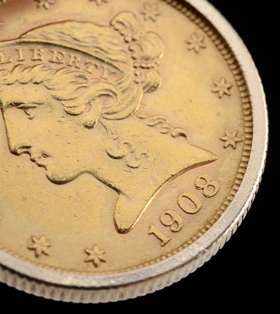 14K Yellow Gold 22" Box Chain with 1908 Liberty Five Dollar Gold Coin in 14K Bezel Frame