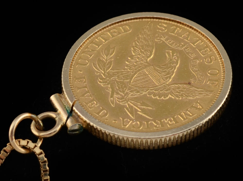 14K Yellow Gold 22" Box Chain with 1908 Liberty Five Dollar Gold Coin in 14K Bezel Frame