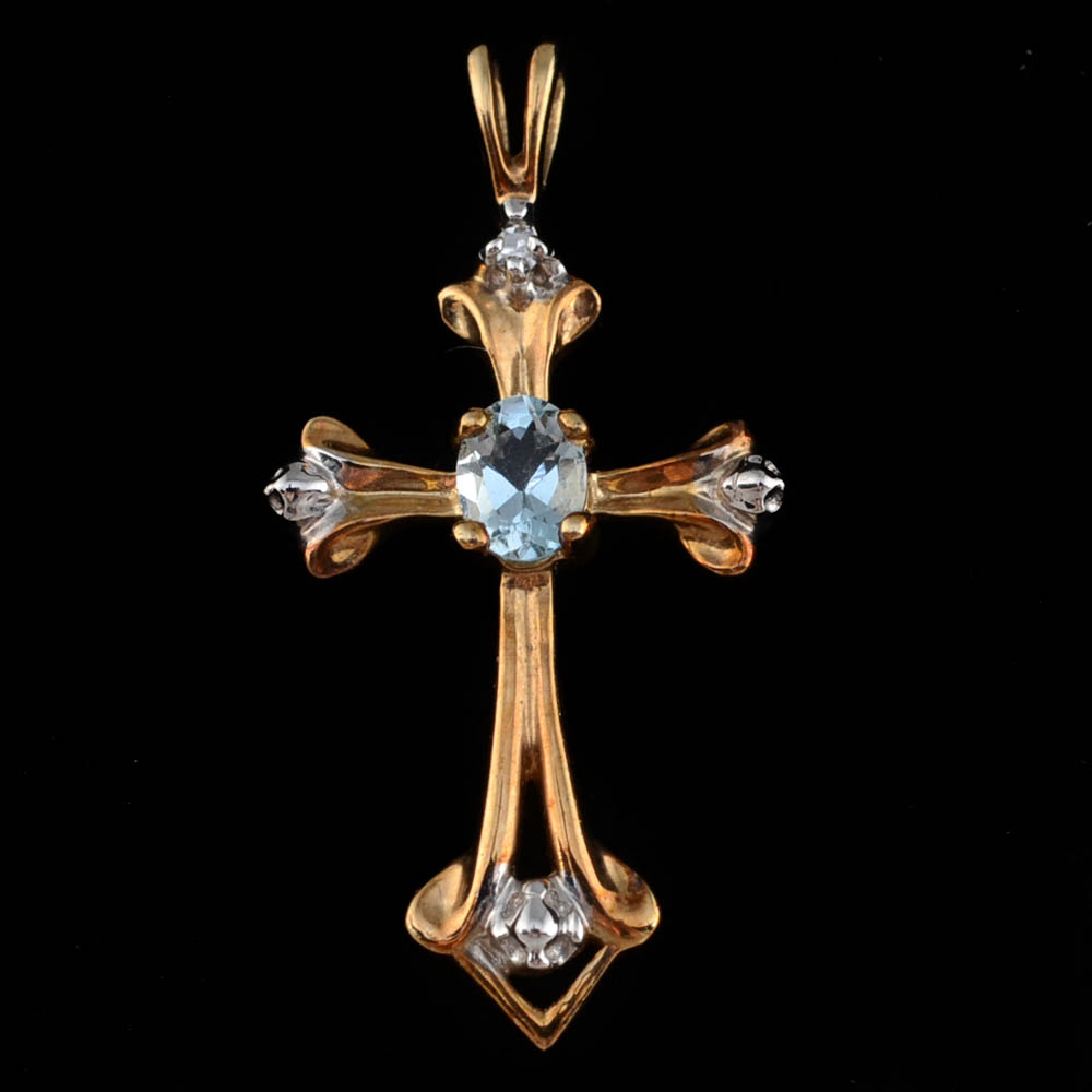 10K Yellow Gold Aquamarine and Diamond Openwork Cross Pendant