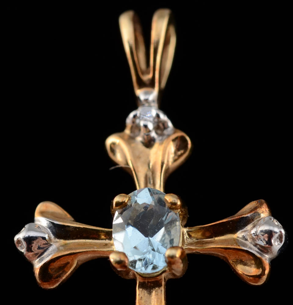 10K Yellow Gold Aquamarine and Diamond Openwork Cross Pendant