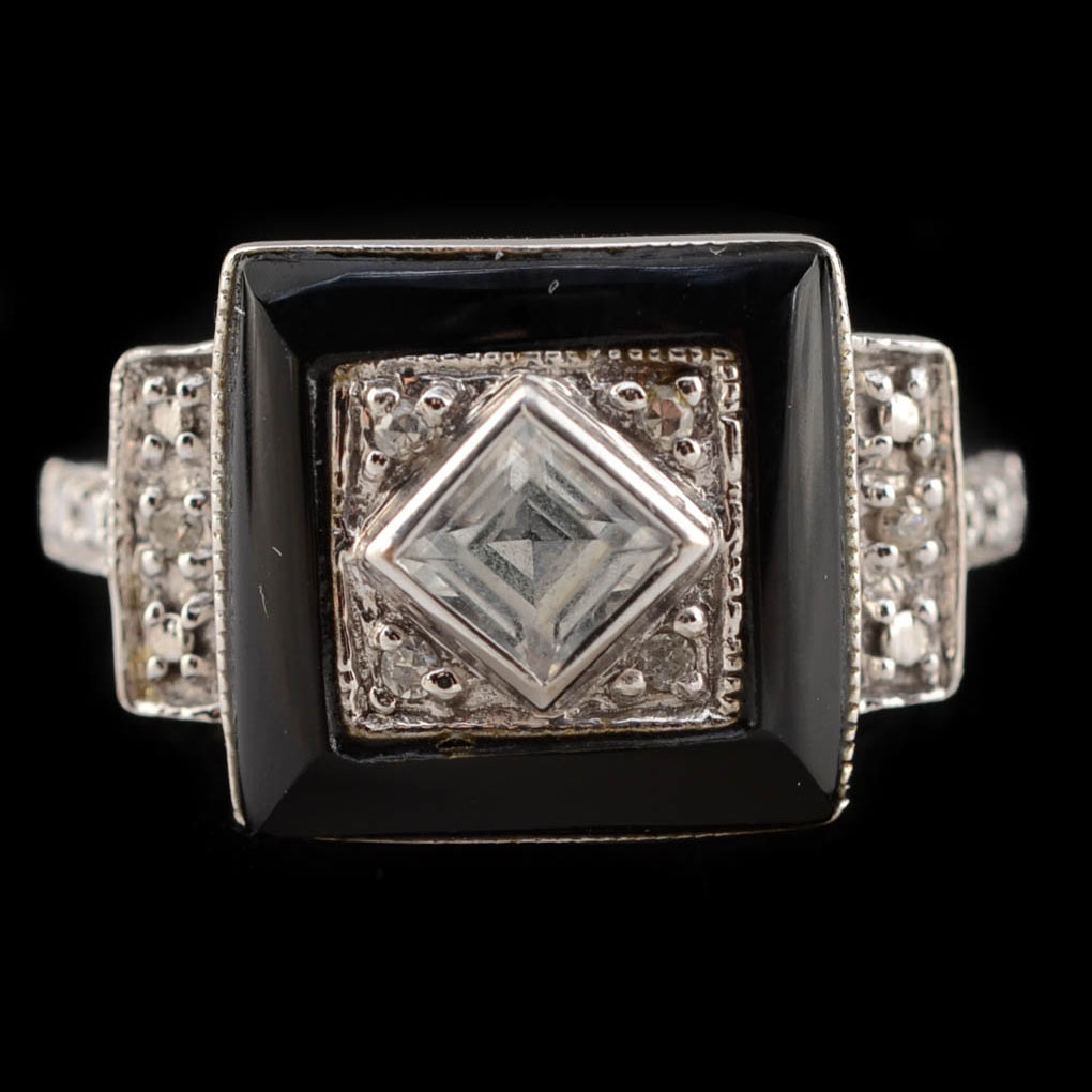 10K White Gold, Blue Topaz, Black Onyx, and Diamond Art Deco Style Ring