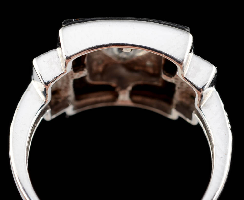 10K White Gold, Blue Topaz, Black Onyx, and Diamond Art Deco Style Ring