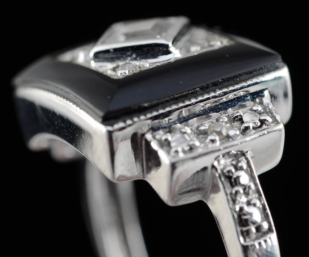 10K White Gold, Blue Topaz, Black Onyx, and Diamond Art Deco Style Ring