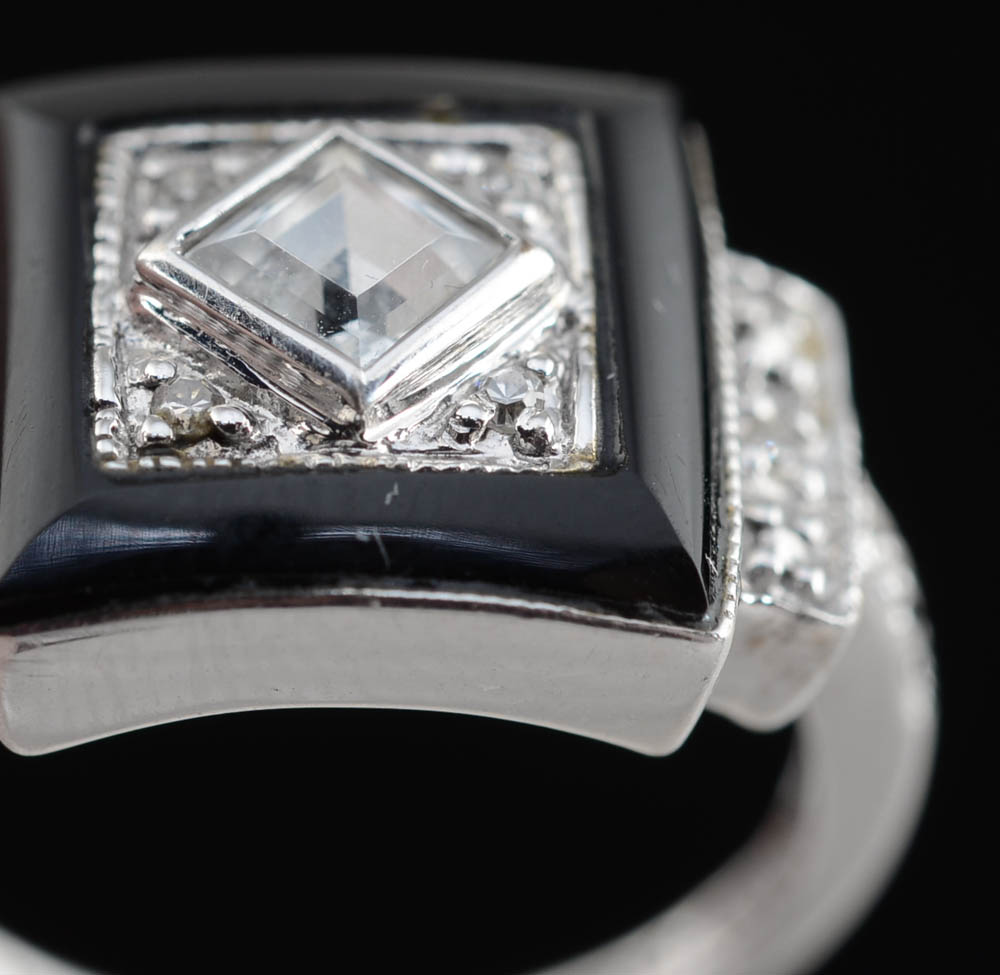 10K White Gold, Blue Topaz, Black Onyx, and Diamond Art Deco Style Ring