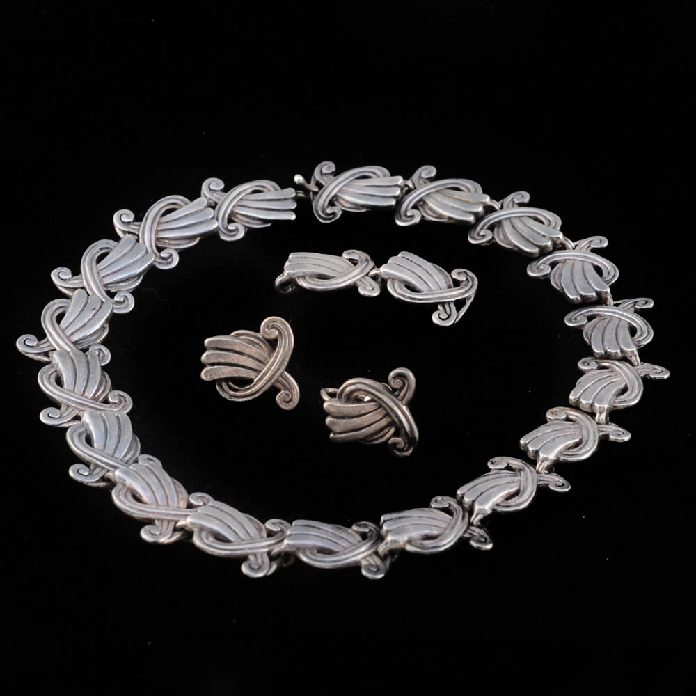 Vintage Margot de Taxco Signed Mexican Sterling Silver Necklace and Earrings Set
