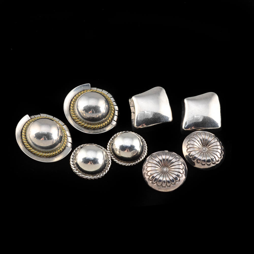 Four Pairs of Vintage Sterling Silver Clip-on Earrings Including Taxco