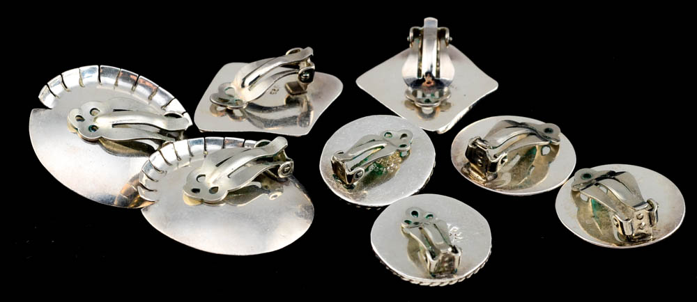 Four Pairs of Vintage Sterling Silver Clip-on Earrings Including Taxco