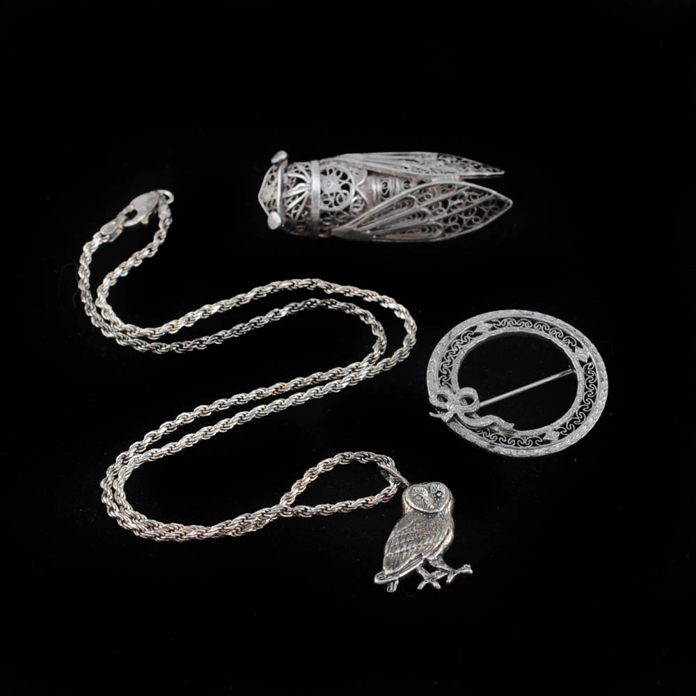 Silver Pins and Necklace