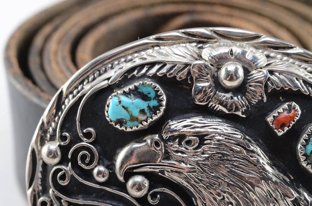 Southwestern S.S.I. Eagle Belt Buckle with Turquoise and Red Coral and a Black Leather Belt