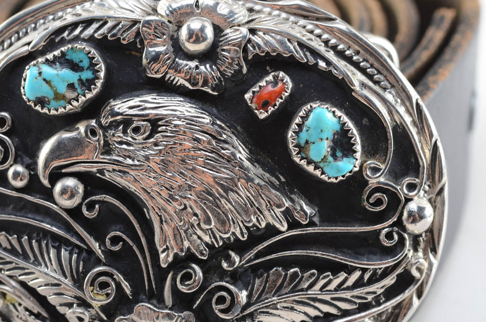 Southwestern S.S.I. Eagle Belt Buckle with Turquoise and Red Coral and a Black Leather Belt