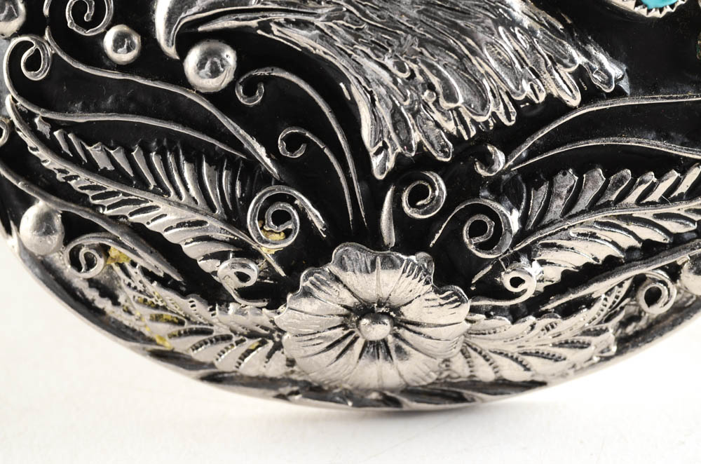 Southwestern S.S.I. Eagle Belt Buckle with Turquoise and Red Coral and a Black Leather Belt