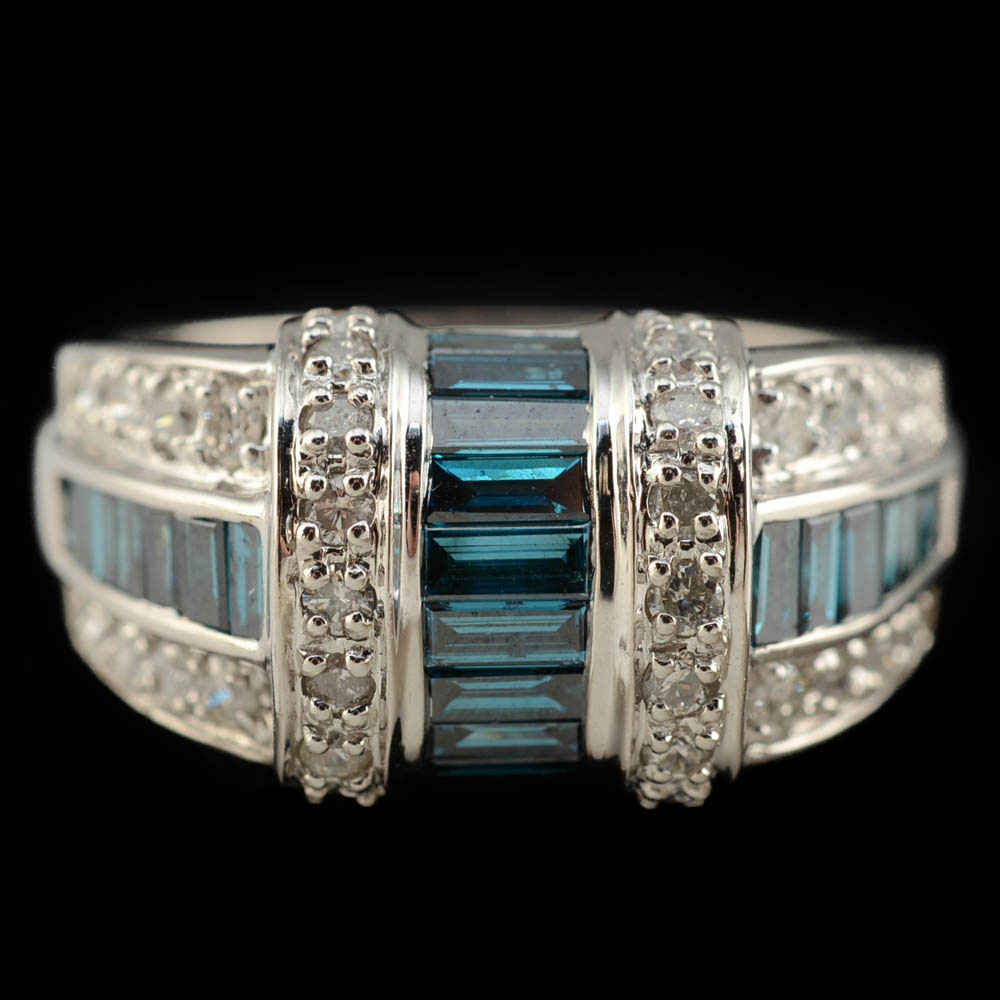 14K White Gold Diamond Band with White and Treated Blue Diamonds