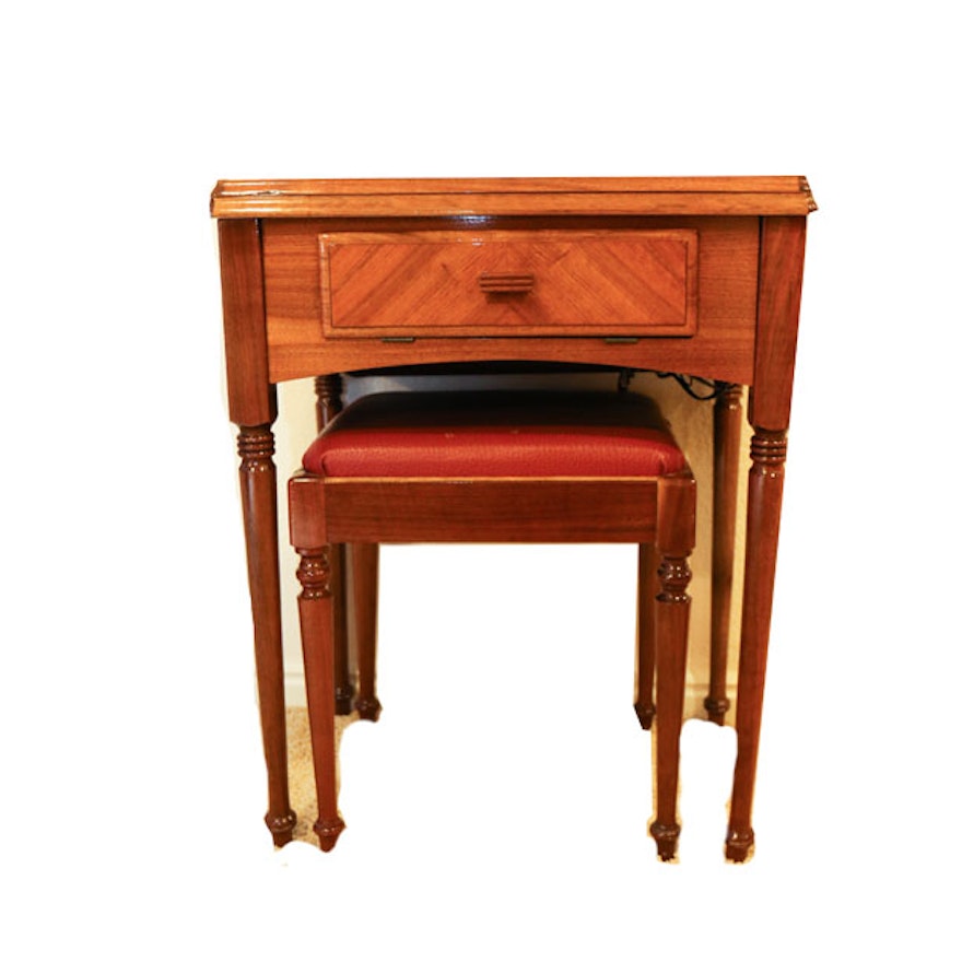 Sewing Machine with Oak Cabinet and Stool