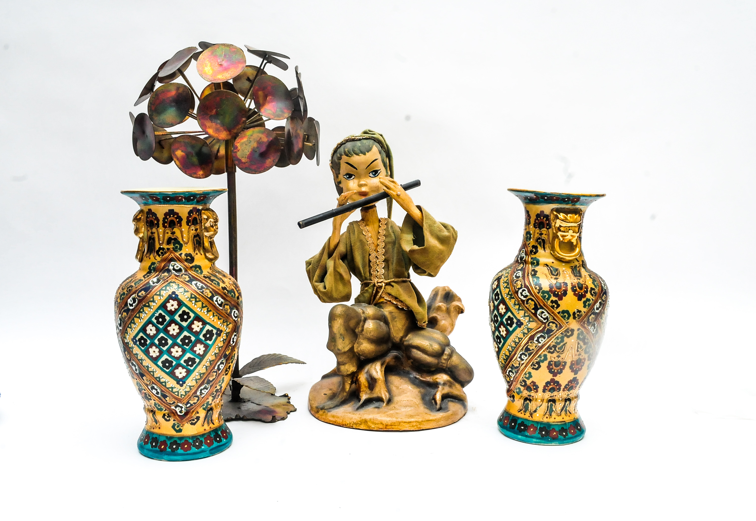 Pair of Asian Urn Vases and Copper Tree Sculpture