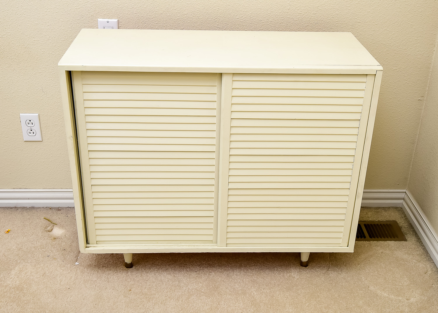 White Wooden Mid Century Louvered Cabinet