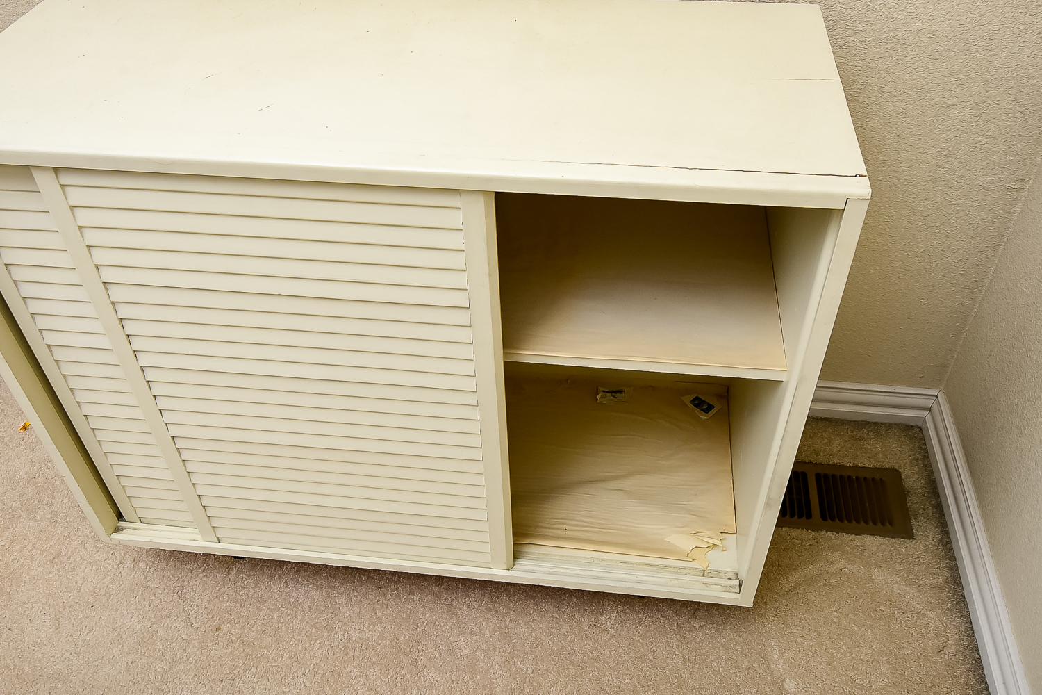 White Wooden Mid Century Louvered Cabinet