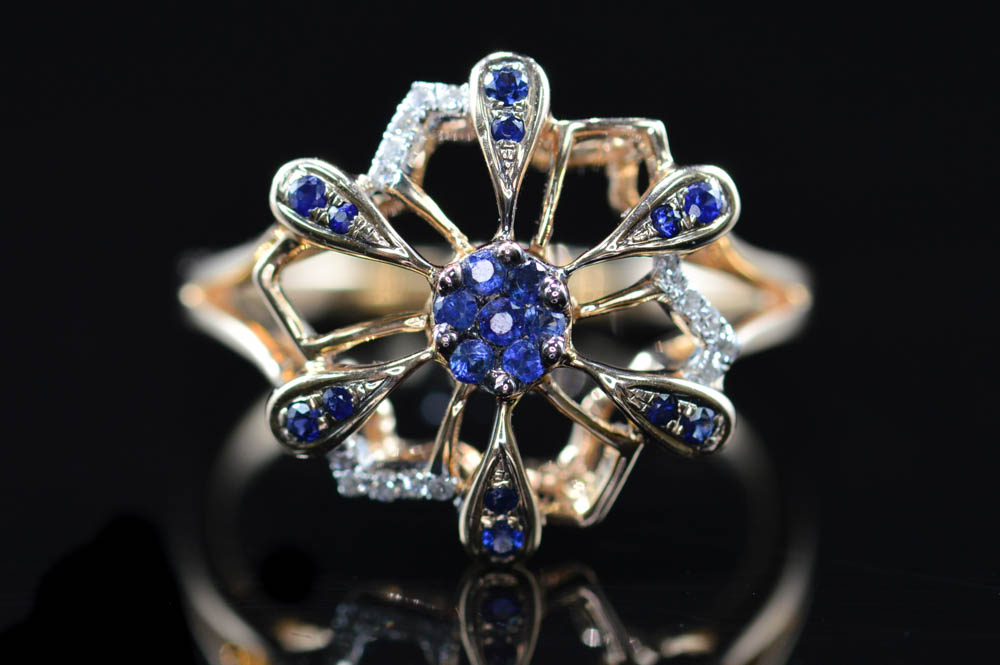 14K Rose Gold Blue Sapphire and Diamond Flower Ring
