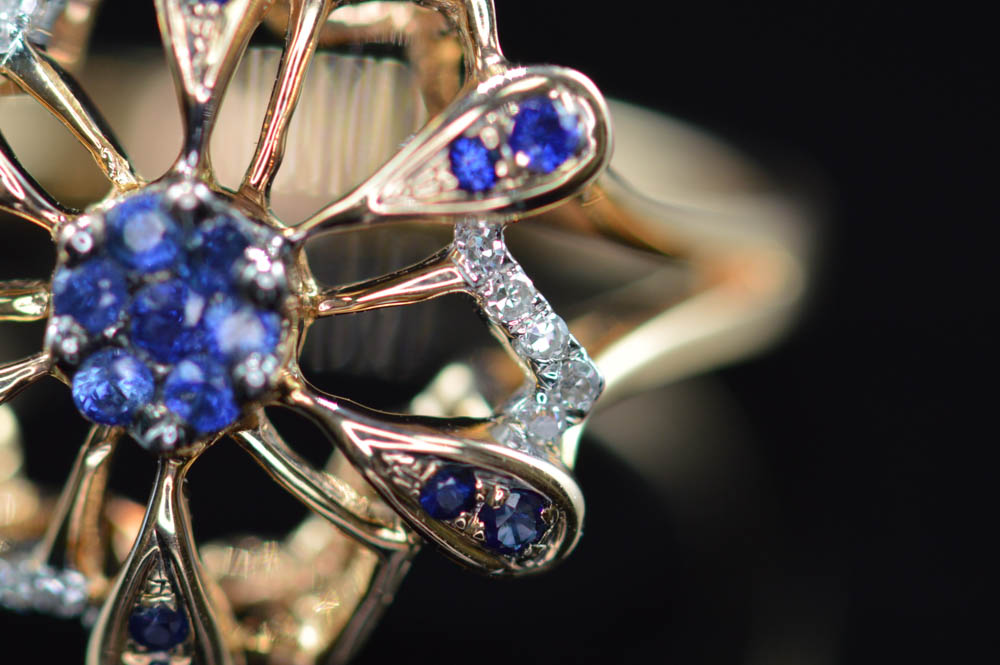 14K Rose Gold Blue Sapphire and Diamond Flower Ring
