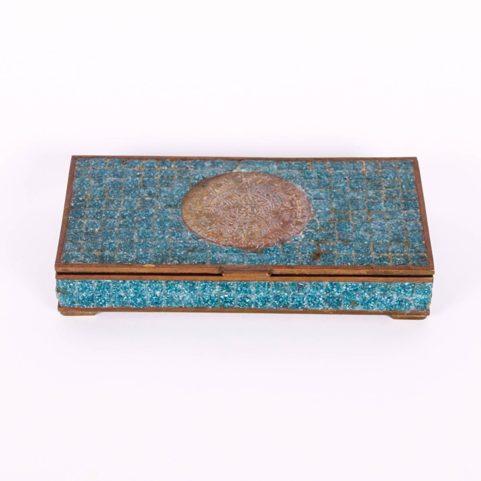 Brass Cigarette Box with Inlaid Stone