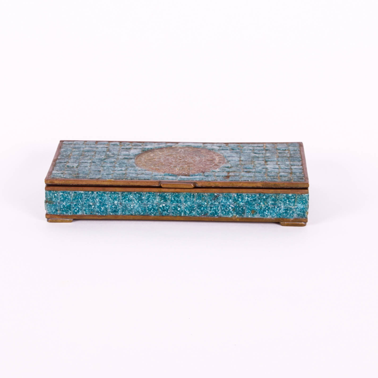 Brass Cigarette Box with Inlaid Stone