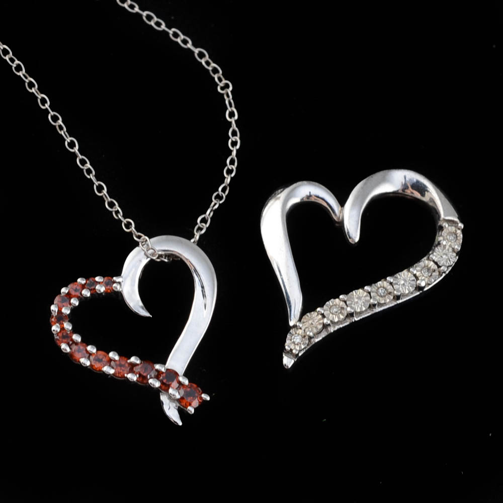 Sterling Chain and Two Sterling Heart Shape Pendants with Garnets and Diamonds