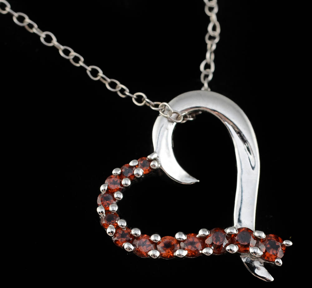 Sterling Chain and Two Sterling Heart Shape Pendants with Garnets and Diamonds