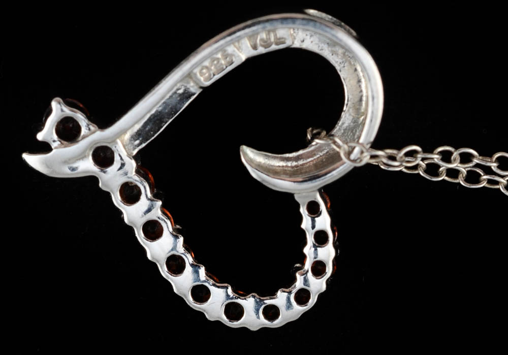 Sterling Chain and Two Sterling Heart Shape Pendants with Garnets and Diamonds