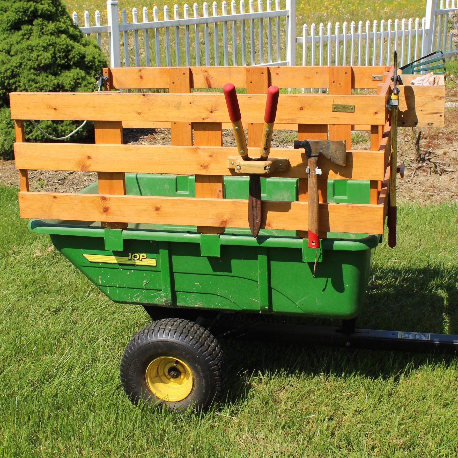 John Deere 10P Tow-Behind Poly Utility Cart with Custom Stake Bed and Tools
