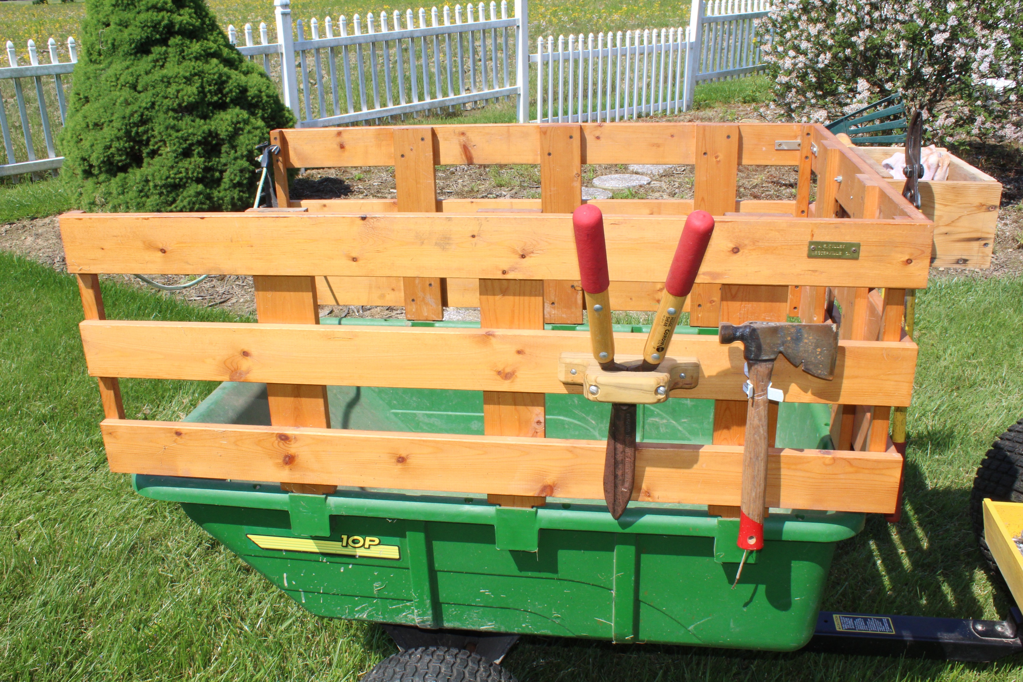 John Deere 10P Tow-Behind Poly Utility Cart with Custom Stake Bed and Tools