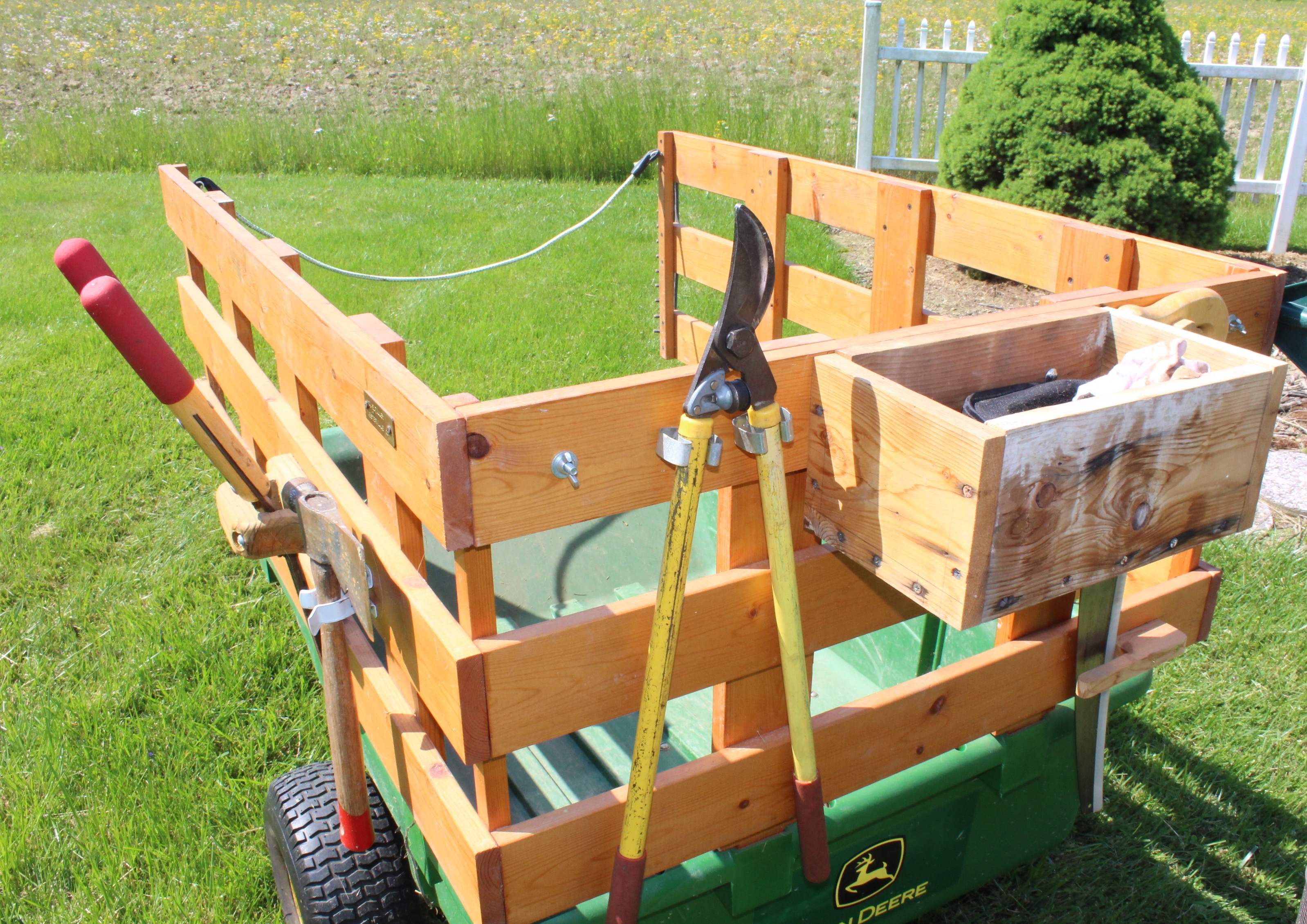 John Deere 10P Tow-Behind Poly Utility Cart with Custom Stake Bed and Tools