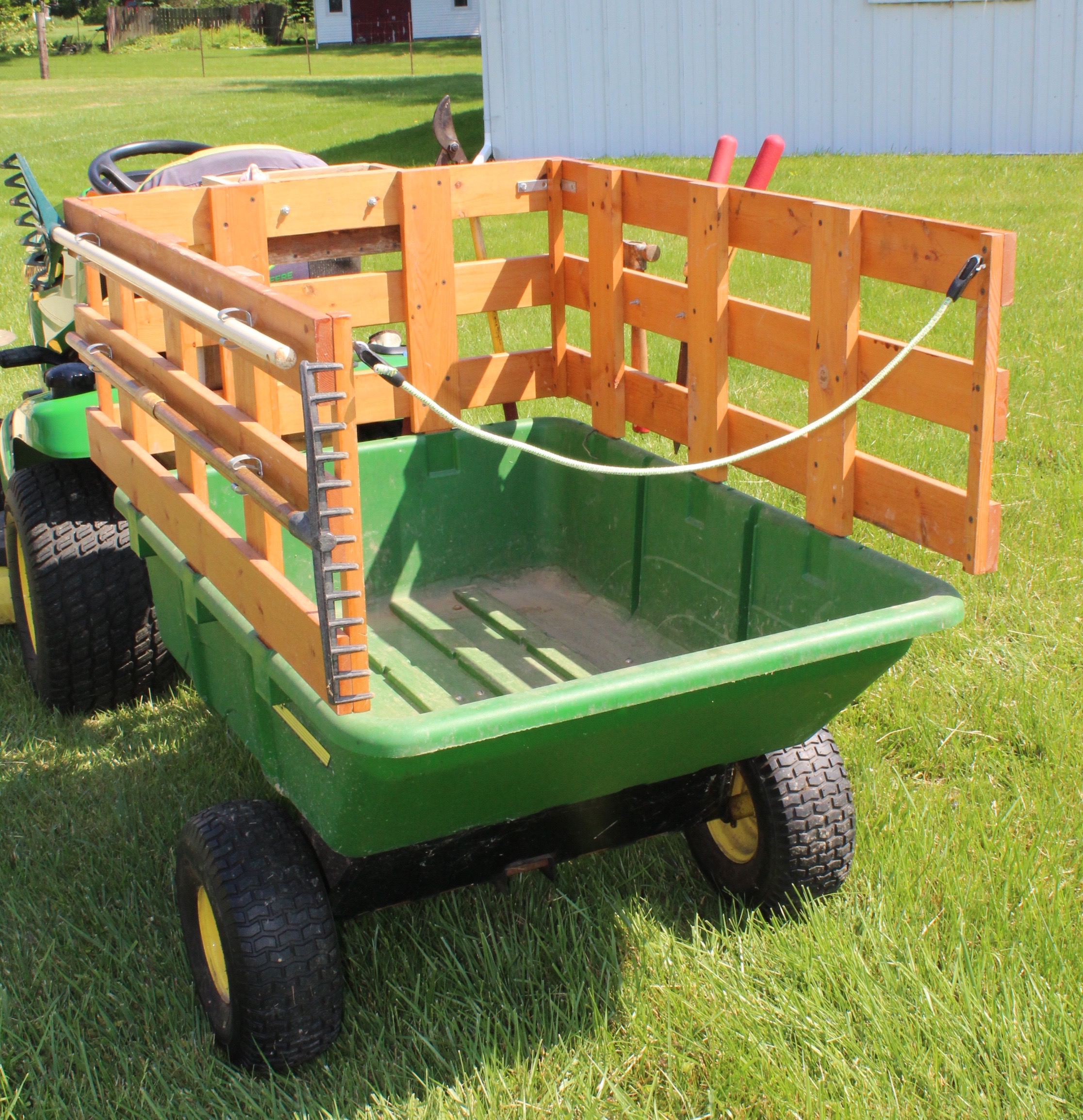 John Deere 10P Tow-Behind Poly Utility Cart with Custom Stake Bed and Tools