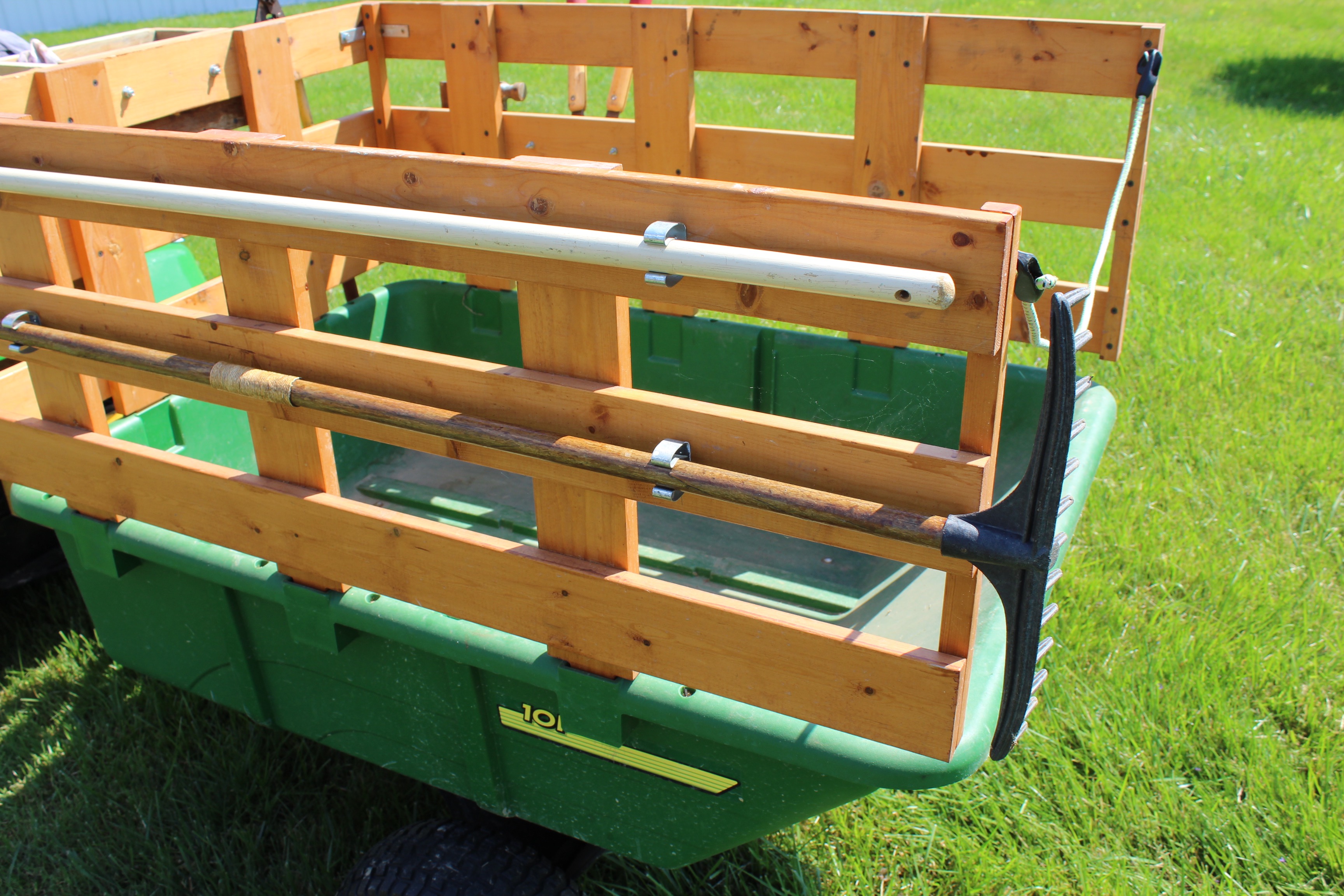 John Deere 10P Tow-Behind Poly Utility Cart with Custom Stake Bed and Tools