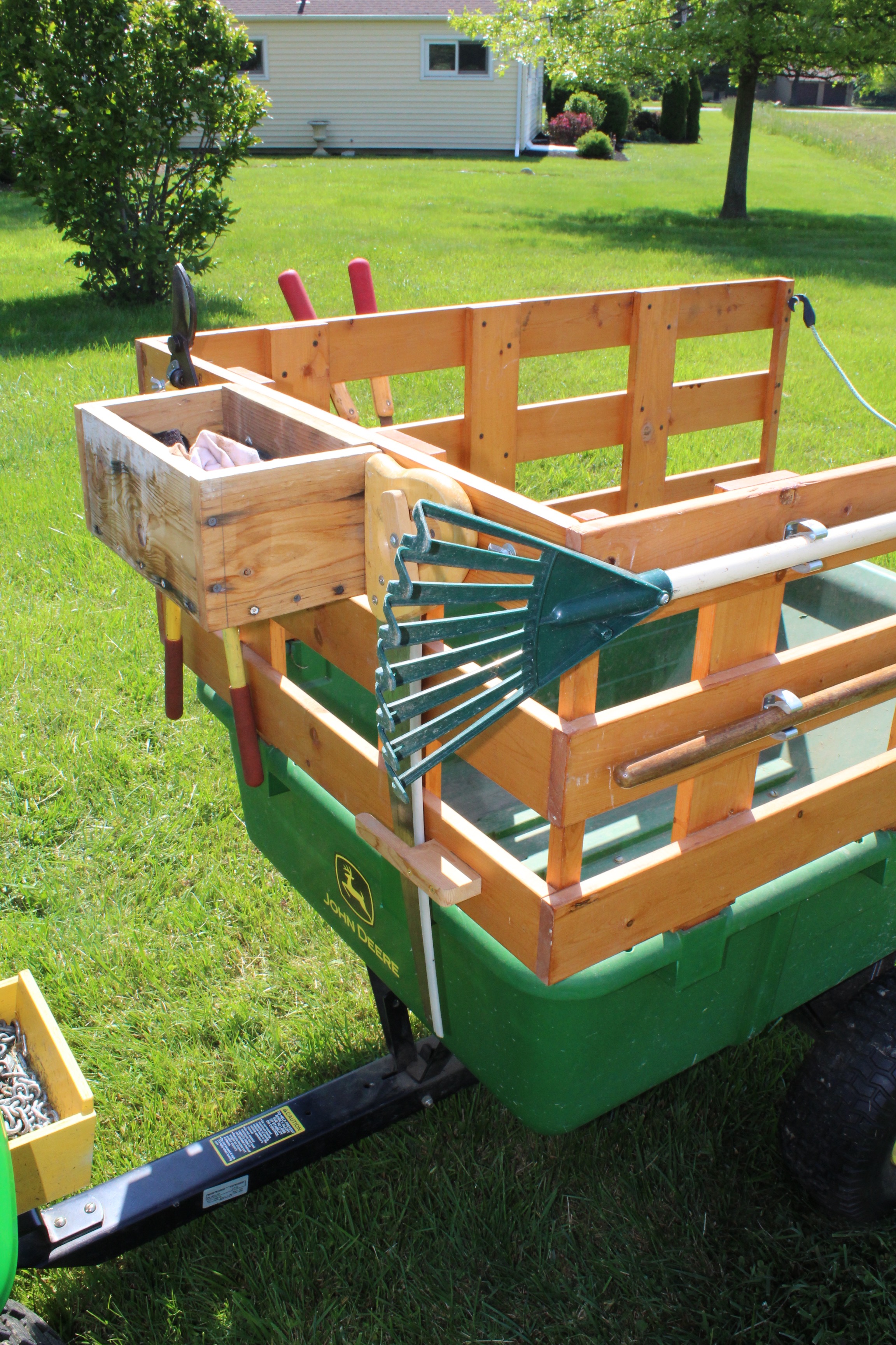 John Deere 10P Tow-Behind Poly Utility Cart with Custom Stake Bed and Tools