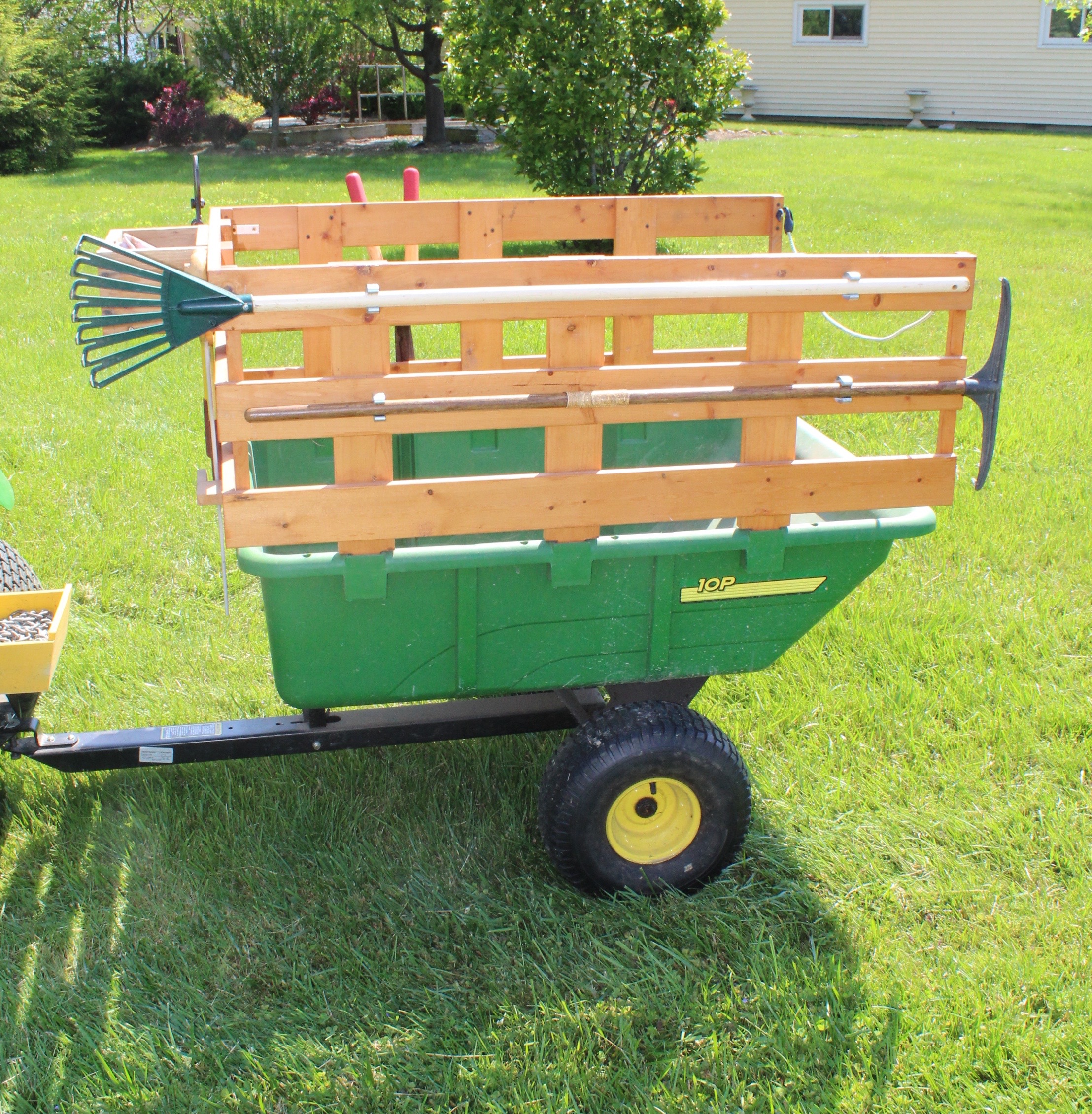 John Deere 10P Tow-Behind Poly Utility Cart with Custom Stake Bed and Tools