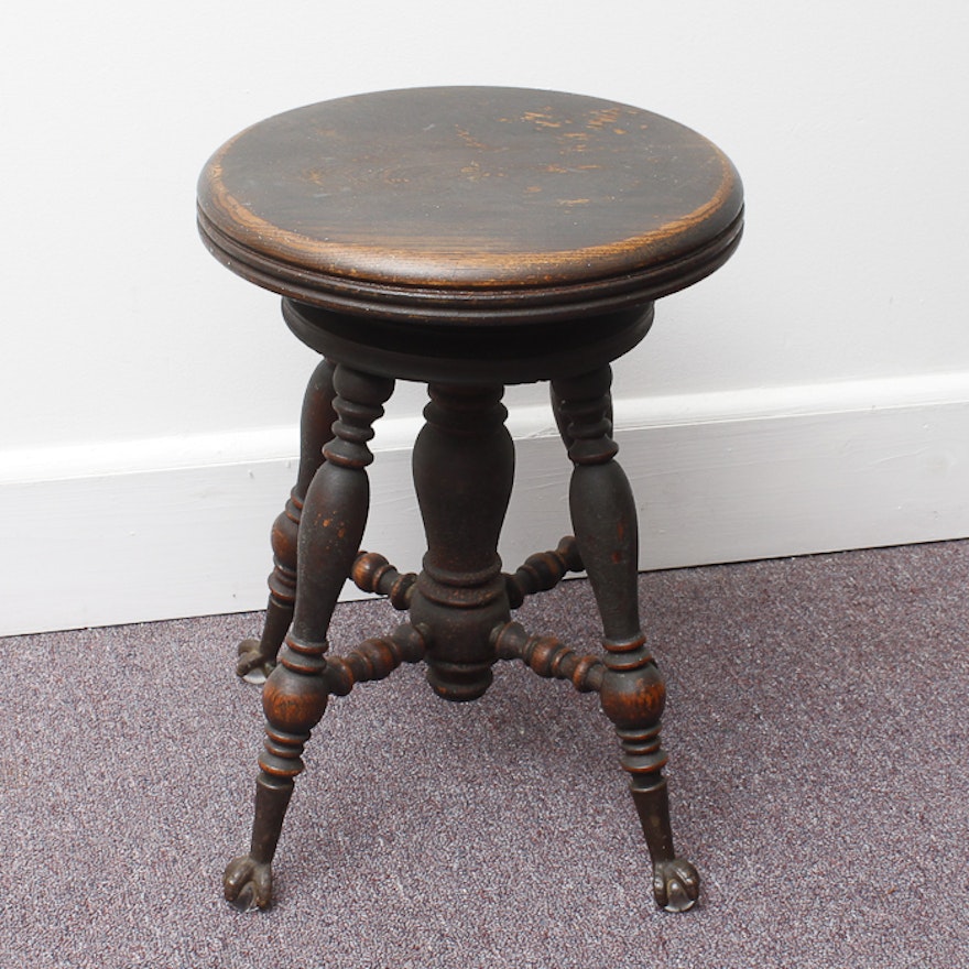 Antique H. Holtzman Solid Oak Claw Foot Piano Stool