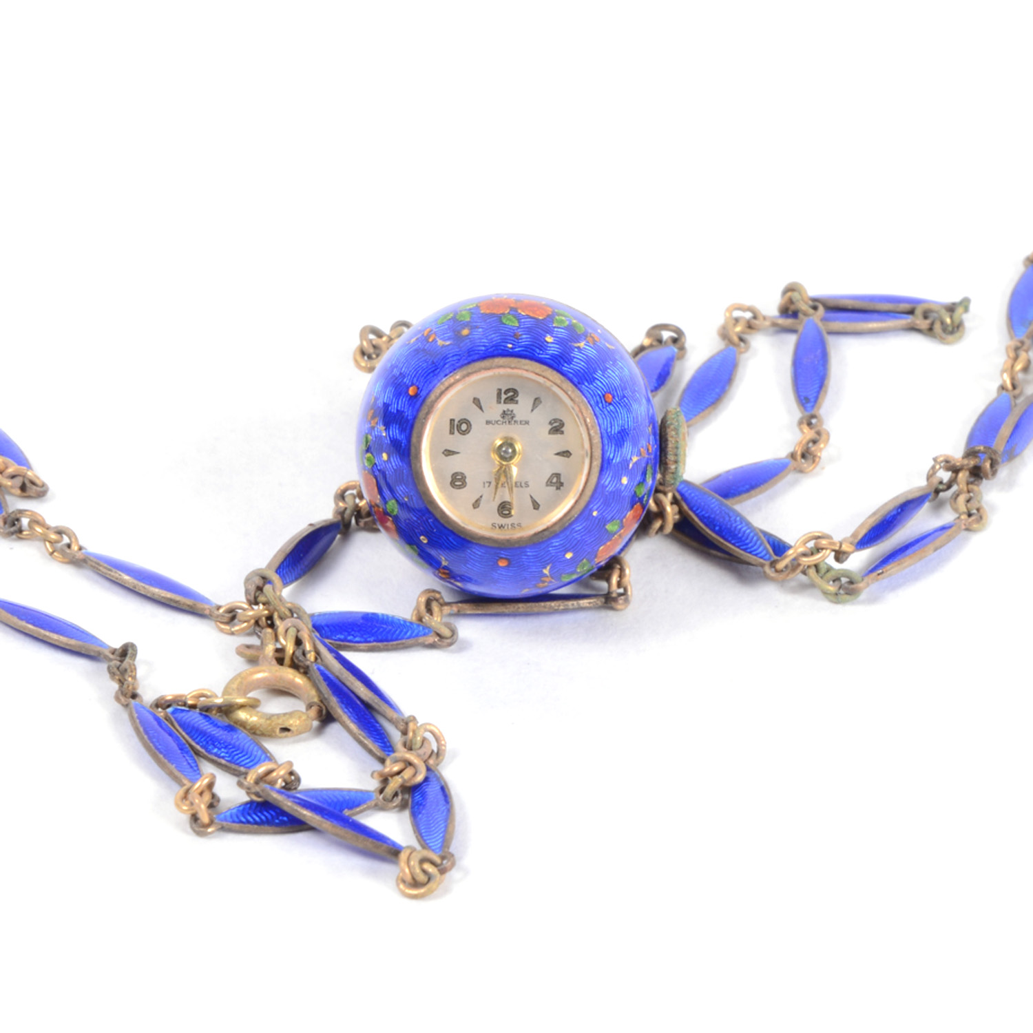 Vintage Enamel Necklace with Swiss Bucherer Watch Pendant