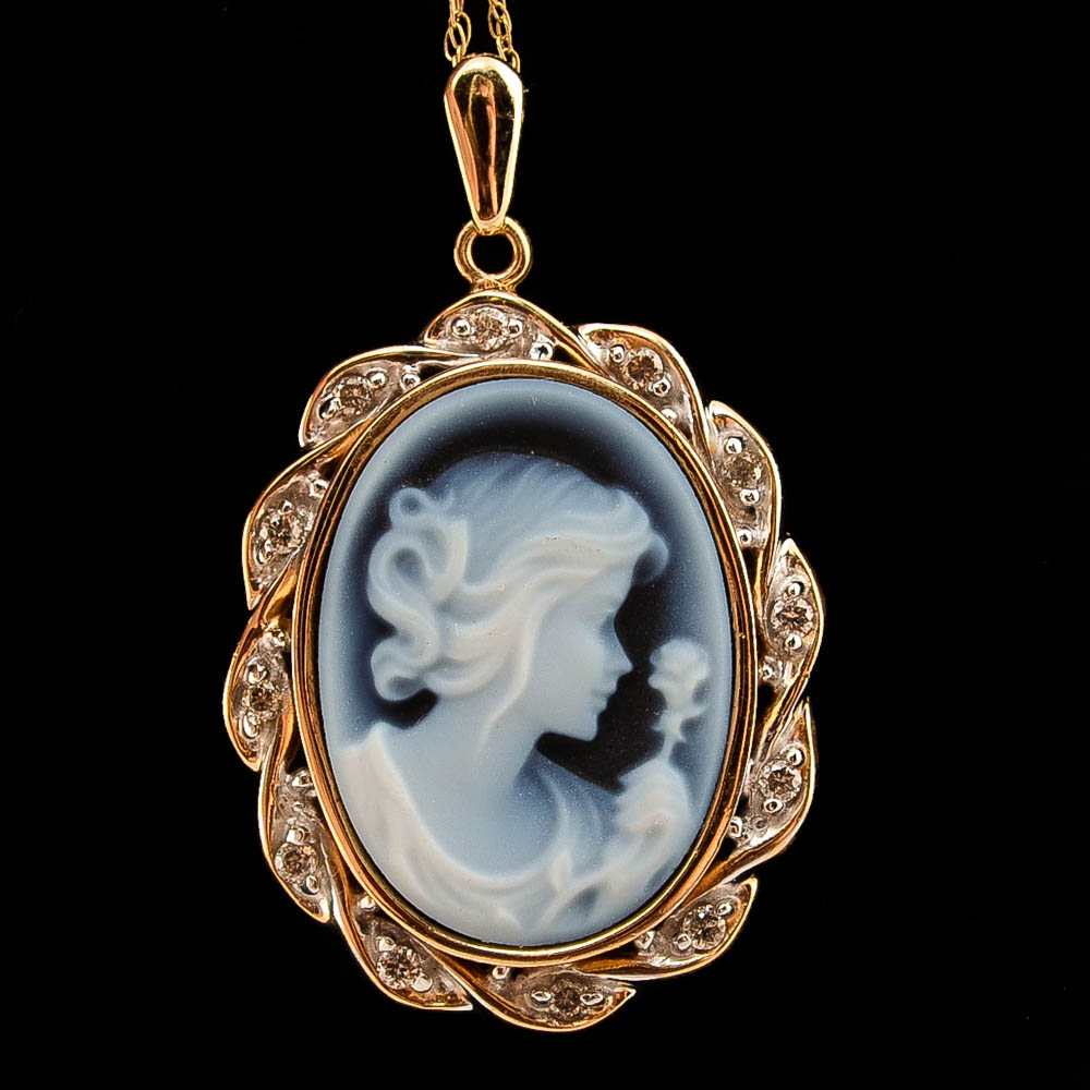 Modern 14K Yellow Gold Onyx Cameo and Diamond Dangle Pendant on 18" Chain